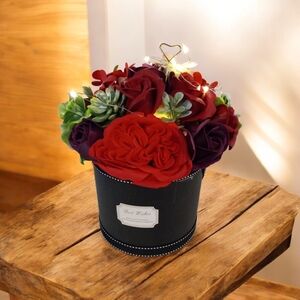 Elegant Light Up Soap Floral Bouquet in Black crafted Round Carry Box.